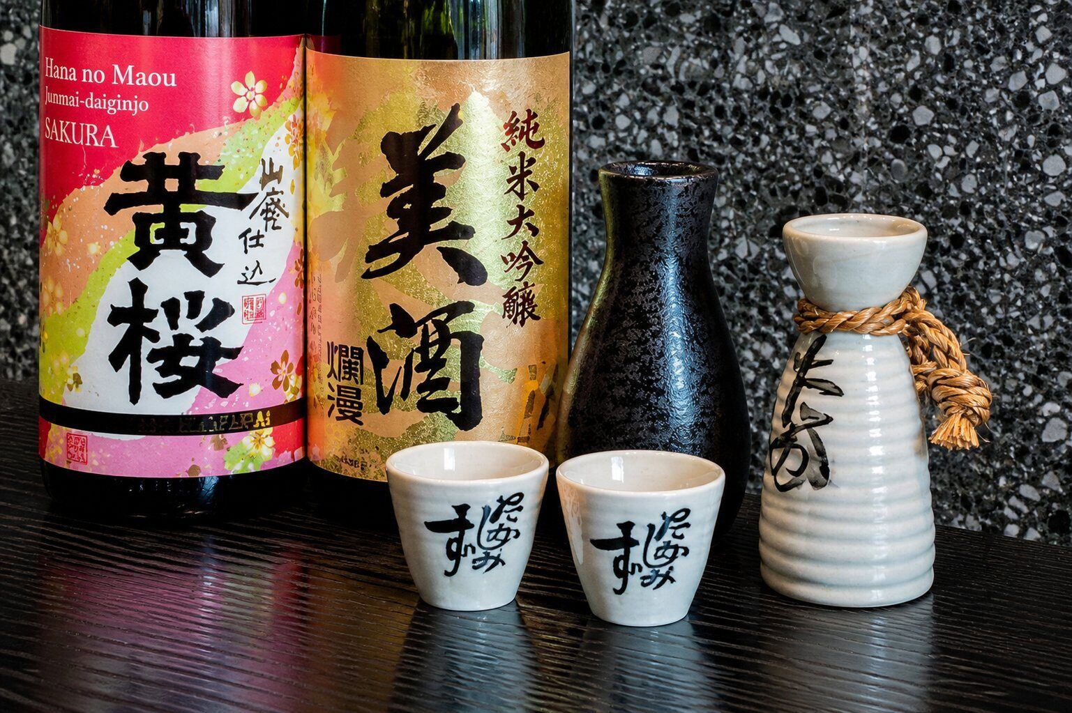 A lineup of premium sake and plum wine bottles