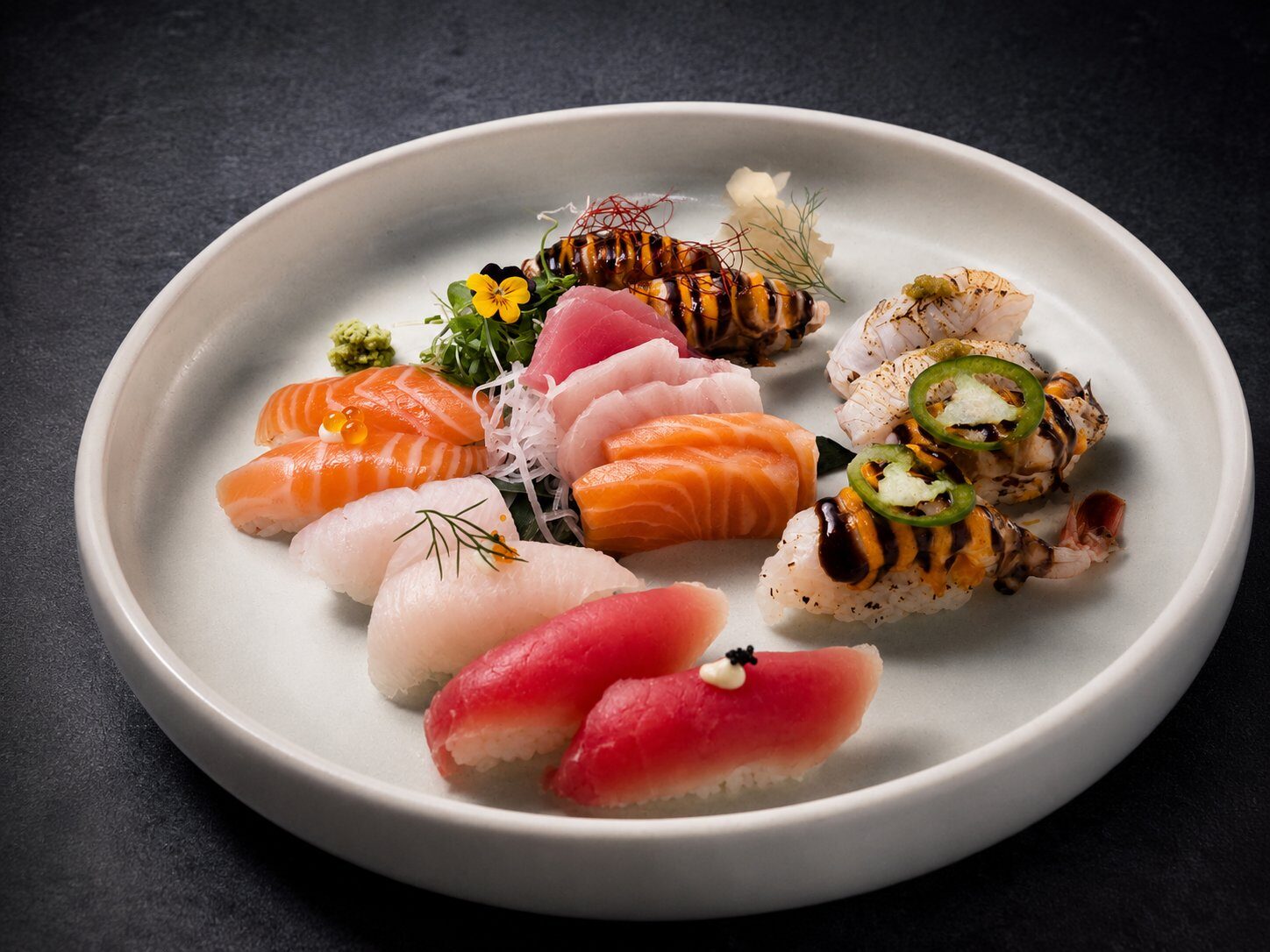 Salmon and ikura rice bowl served with soy